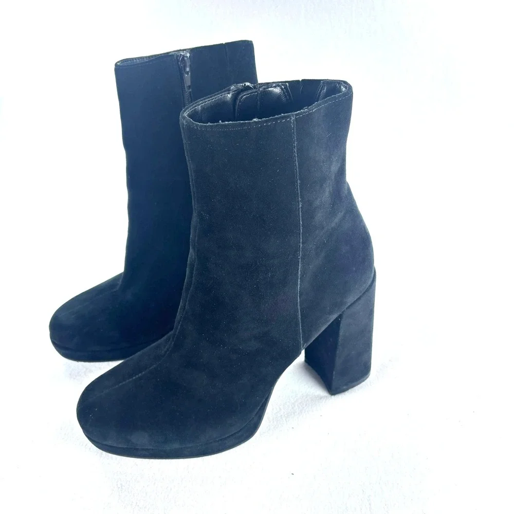 Steve‎ Madden Black Suede Boots Sz 10 Block Heel Ankle Zip 90s Whimsigoth Goth